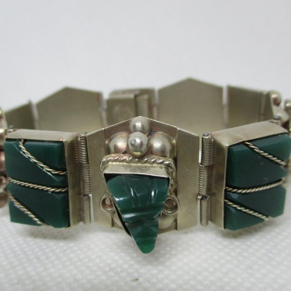 MEXICAN SILVER Green Onyx Tribal Masks Bracelet Gemstone Rectangles Sectional - Picture 4 of 12